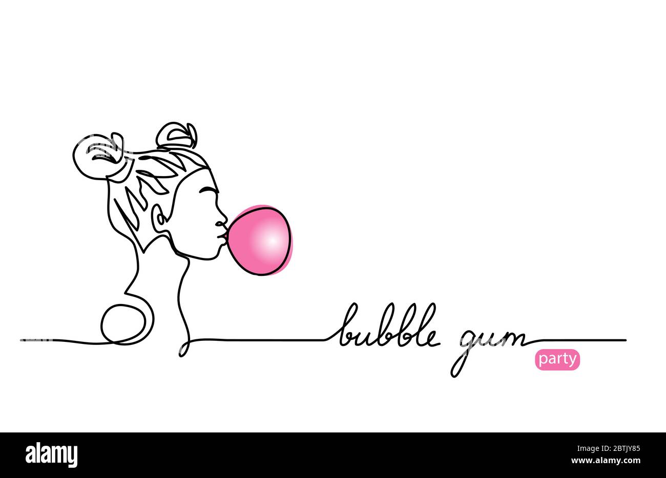 Blase Gummi Ballon Vektor-Skizze. Junges Mädchen, Teenager mit Kaugummi Ball, einfache Illustration. Eine kontinuierliche Linie Zeichnung Web Banner, Hintergrund Stock Vektor