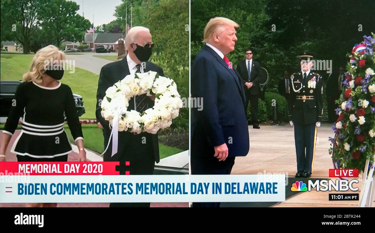 Newcastle, Delaware, USA. Mai 2020. Wie auf MSNBC zu sehen, ein Splitscreen-Grab des Memorial Day, wie von Präsident DONALD TRUMP auf dem Arlington National Cemetery und Dr. JILL BIDEN und JOE BIDEN im Delaware Memorial Bridge Veteran's Memorial Park gedacht. Heute ist das erste Mal seit Monaten, dass Herr Biden wegen der COVID-19-Sperre in seinem Heimatstaat Delaware außerhalb seines Hauses gesehen wurde. Kredit: Brian Cahn/ZUMA Wire/Alamy Live News Stockfoto