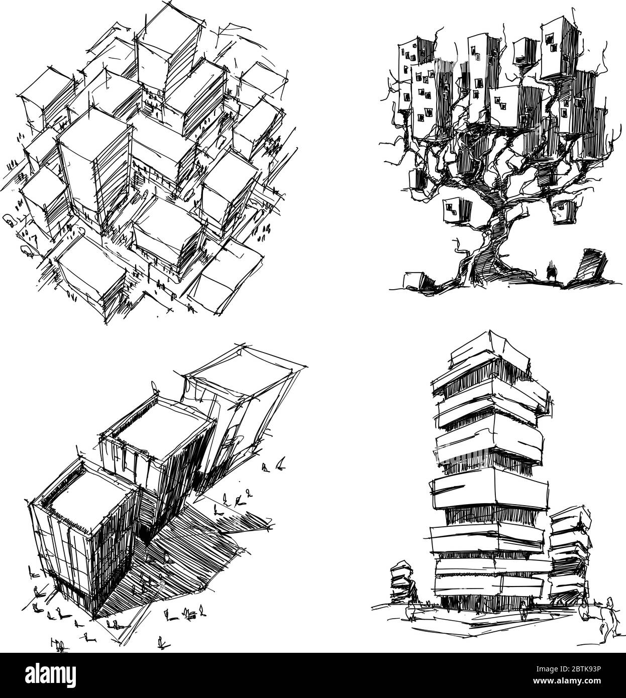 Vier handgezeichnete architektonische Skizzen einer modernen abstrakten Architektur und fantastischen Baumhaus und generischen Stadturbanismus Struktur und Gebäude Stock Vektor