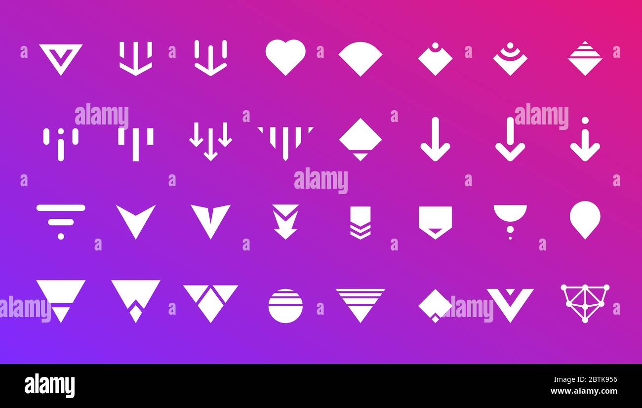 Swipe top down or download icon scroll Piktogramm Set für Blogger Web ui ux Design. Vektor weißen Pfeil unten für Anwendung und soziale Netzwerk-Website. Einfache weiße Taste auf der Verlaufsdarstellung Stock Vektor