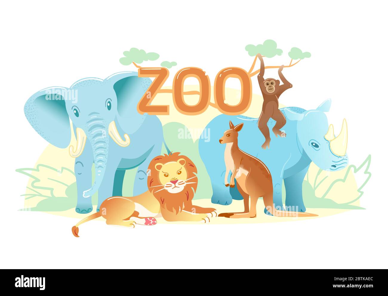 Zoo flaches Webbanner. Gruppe von Cartoon-Tieren auf weißem horizontalen Cover oder Social-Media-Header. Elefant Affe Nashorn Löwe Känguru einfache Natur Poster. Exotische Tier Vektor-Karte. Kinderpostkarte Stock Vektor