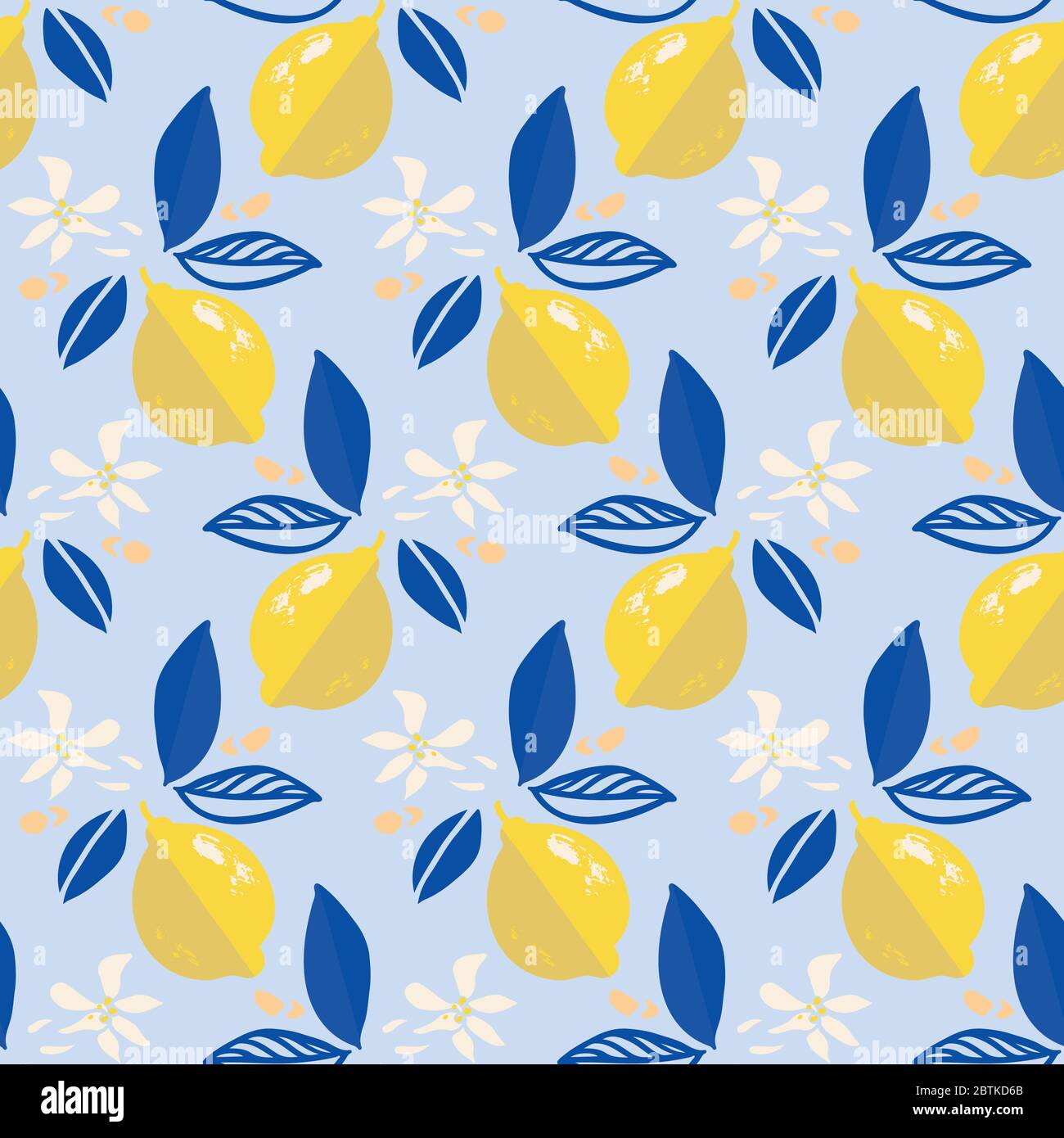 Geometrisches Zitronenmuster mediterranes modernes Sommer Zitrusfrüchte wiederholendes Design. Handgezeichnetes, helles, strukturiertes Zitrusfrucht-Muster mit Blatt und Knospe auf blauem Hintergrund. Klassische einfache Sommer-Kulisse. Stock Vektor