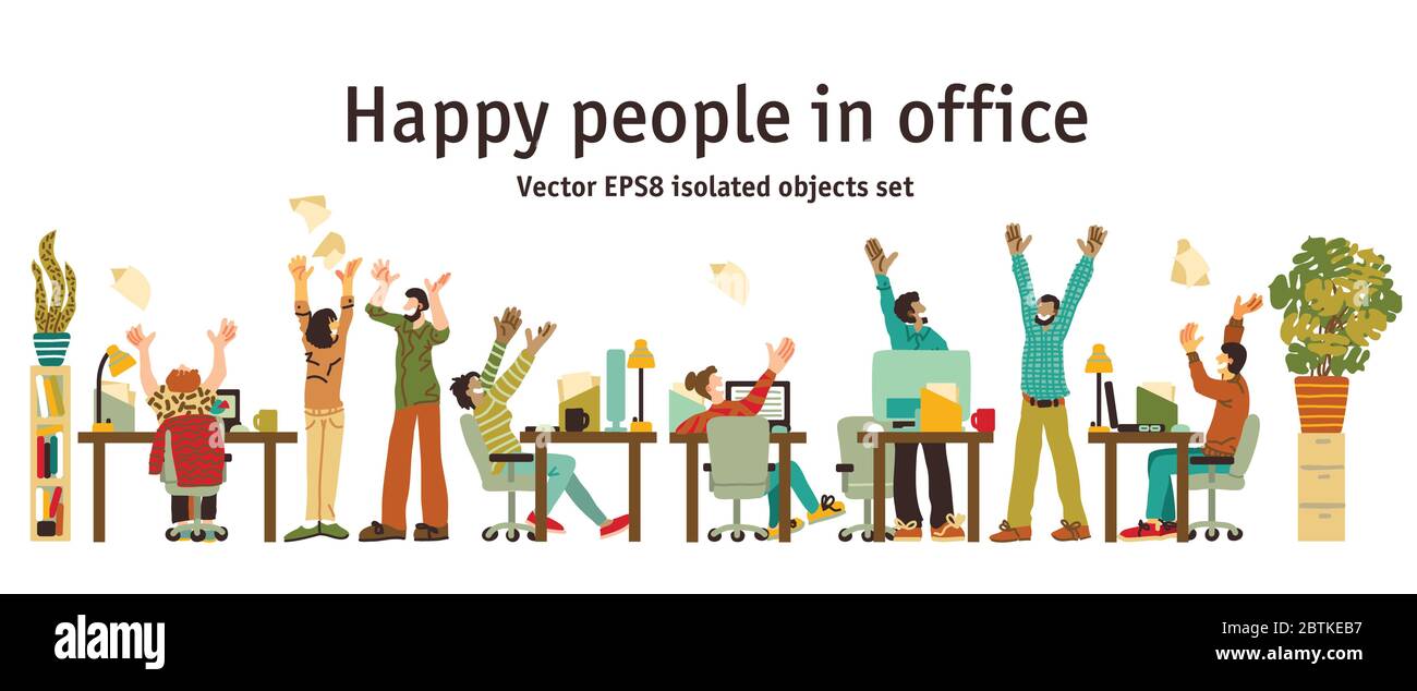 Verschiedene glückliche Menschen im Büro isolierte Objekte Stock Vektor