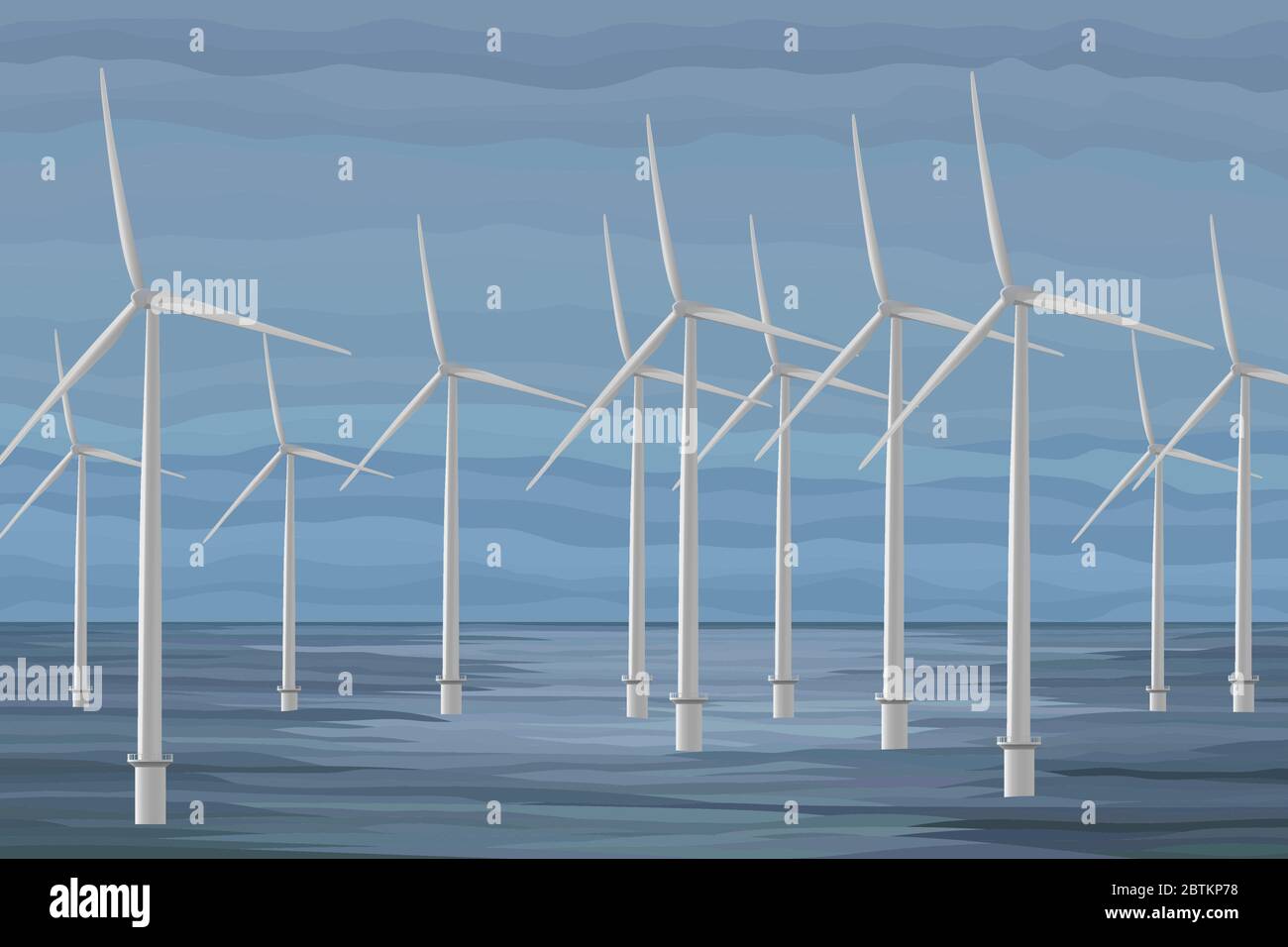 Weiße Windkraftanlage, die Strom im Meer erzeugt Stock Vektor