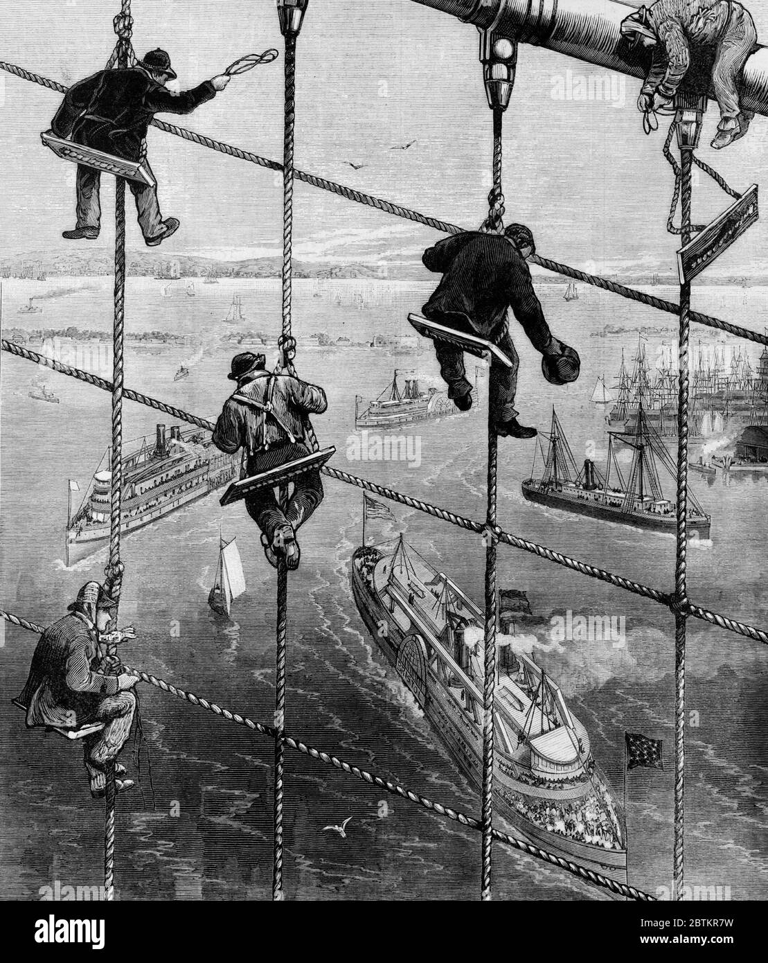 New York City - Abschluss einer großartigen Arbeit - Zurrlashing the Stays of the Brooklyn Bridge - 1883 Stockfoto