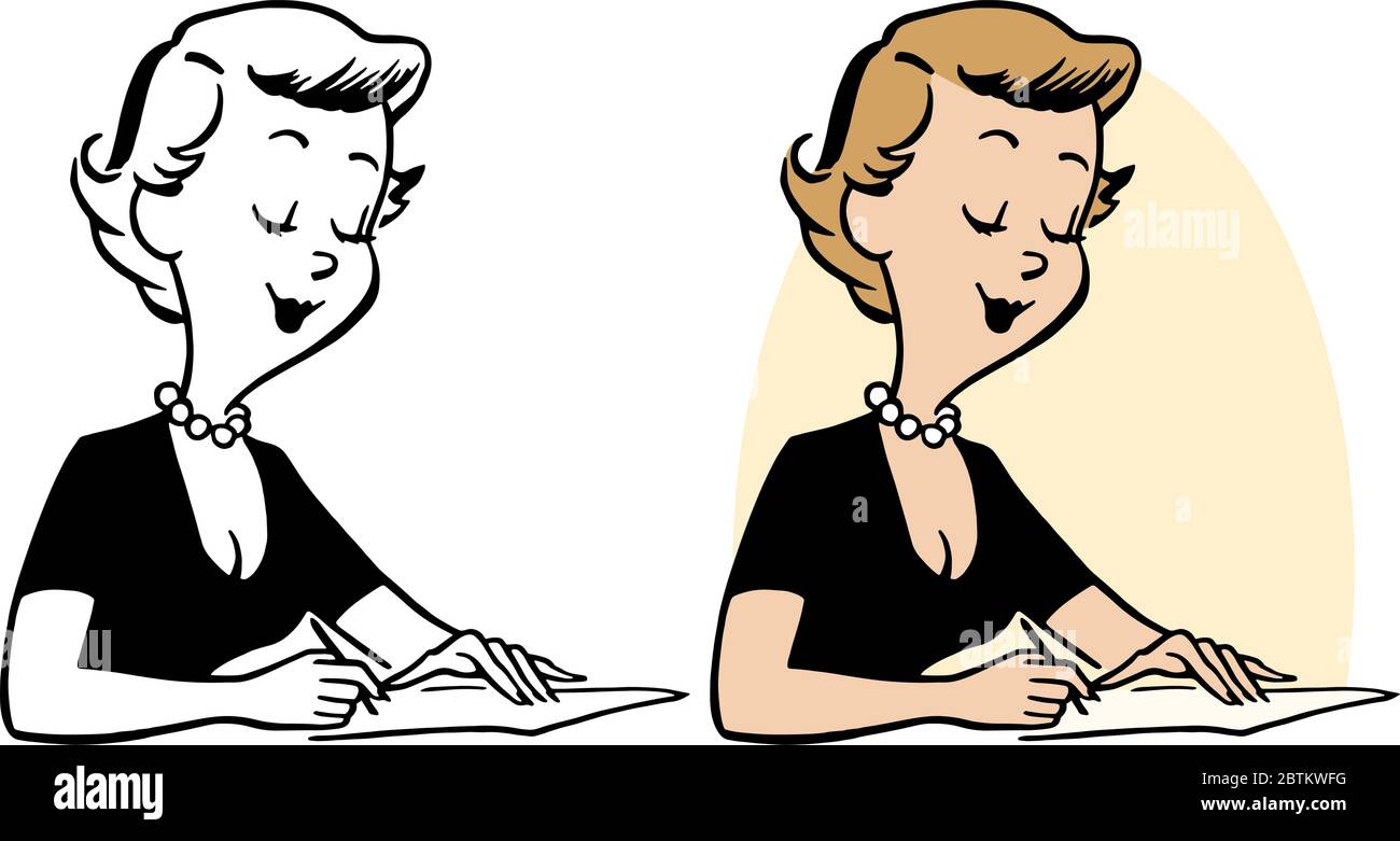 Eine Karikatur einer Frau, die einen Brief auf ein Blatt Papier schreibt. Stock Vektor