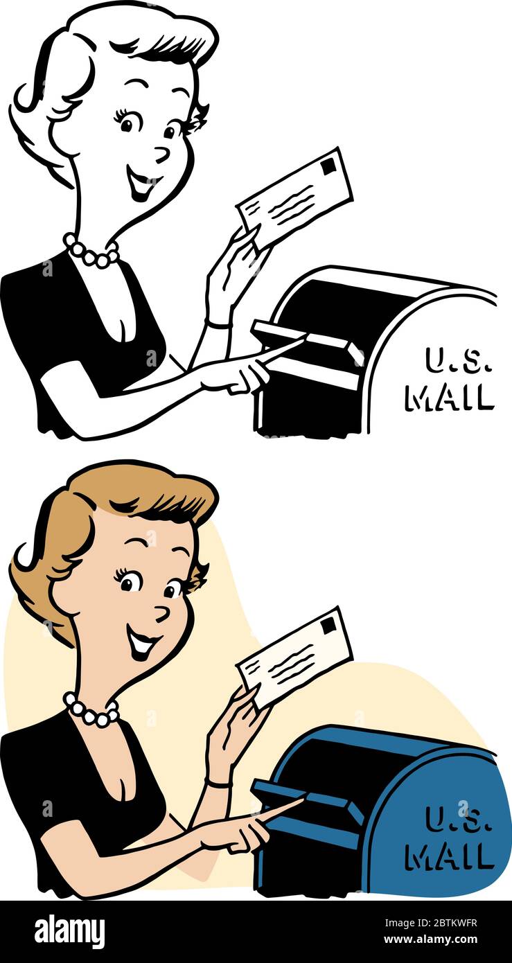 Eine Karikatur einer Frau, die einen gestempelten Brief in eine Mailbox einlässt. Stock Vektor