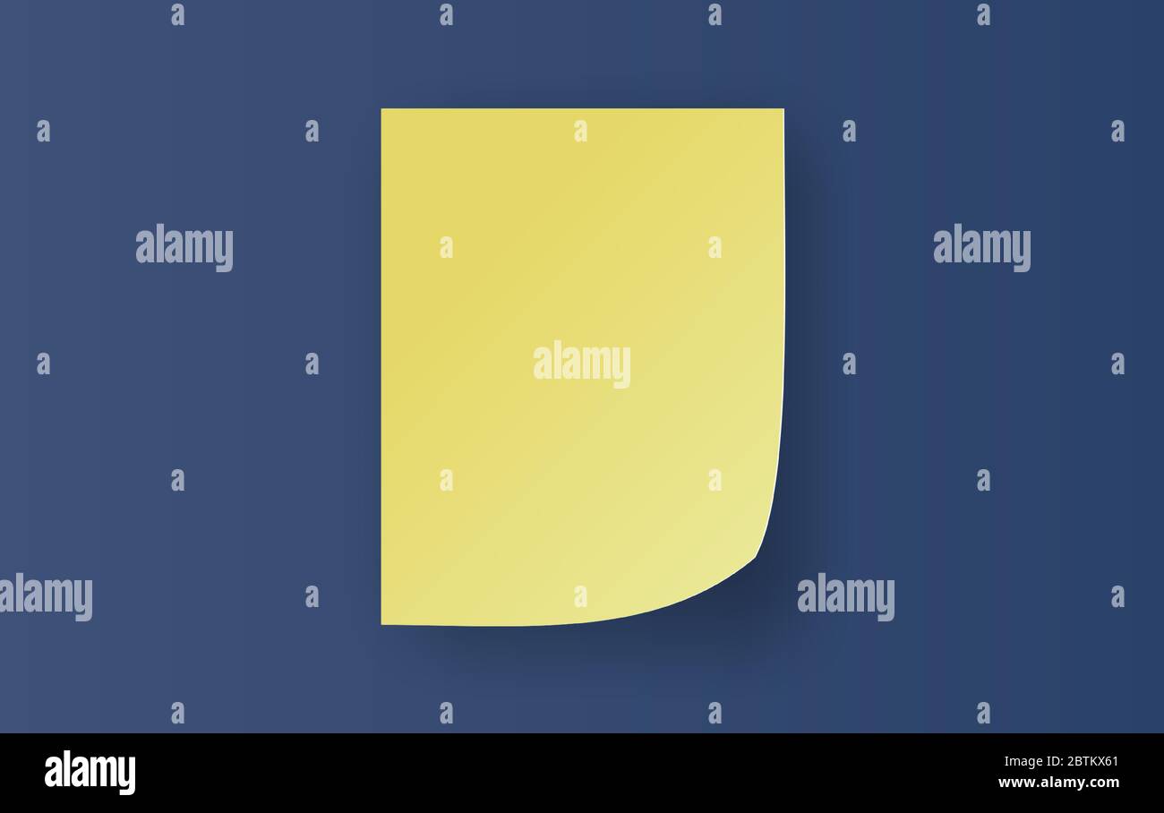 Leeres gelbes Papier mit Haftnotizen und gewellter Ecke. Realistische Notiz Vorlage von kleinen weichen Schatten isoliert auf blauem dunklen Hintergrund. Bereit für Stock Vektor