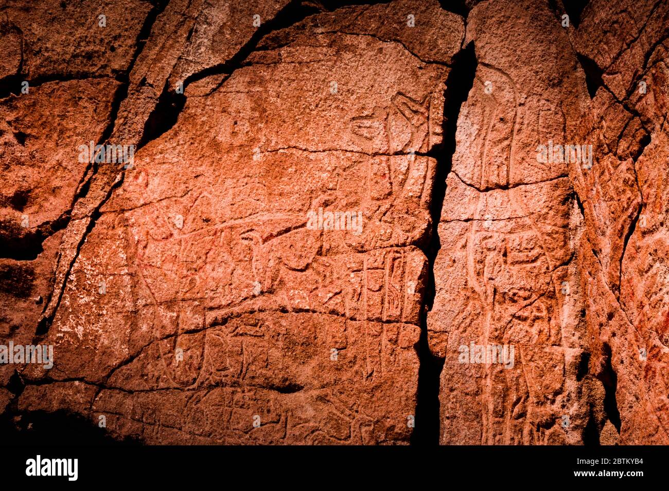 Petroglyphen der archäologischen Stätte Yerbas Buenas, Rio Grande, San Pedro de Atacama, Antofagasta Region, Chile Stockfoto