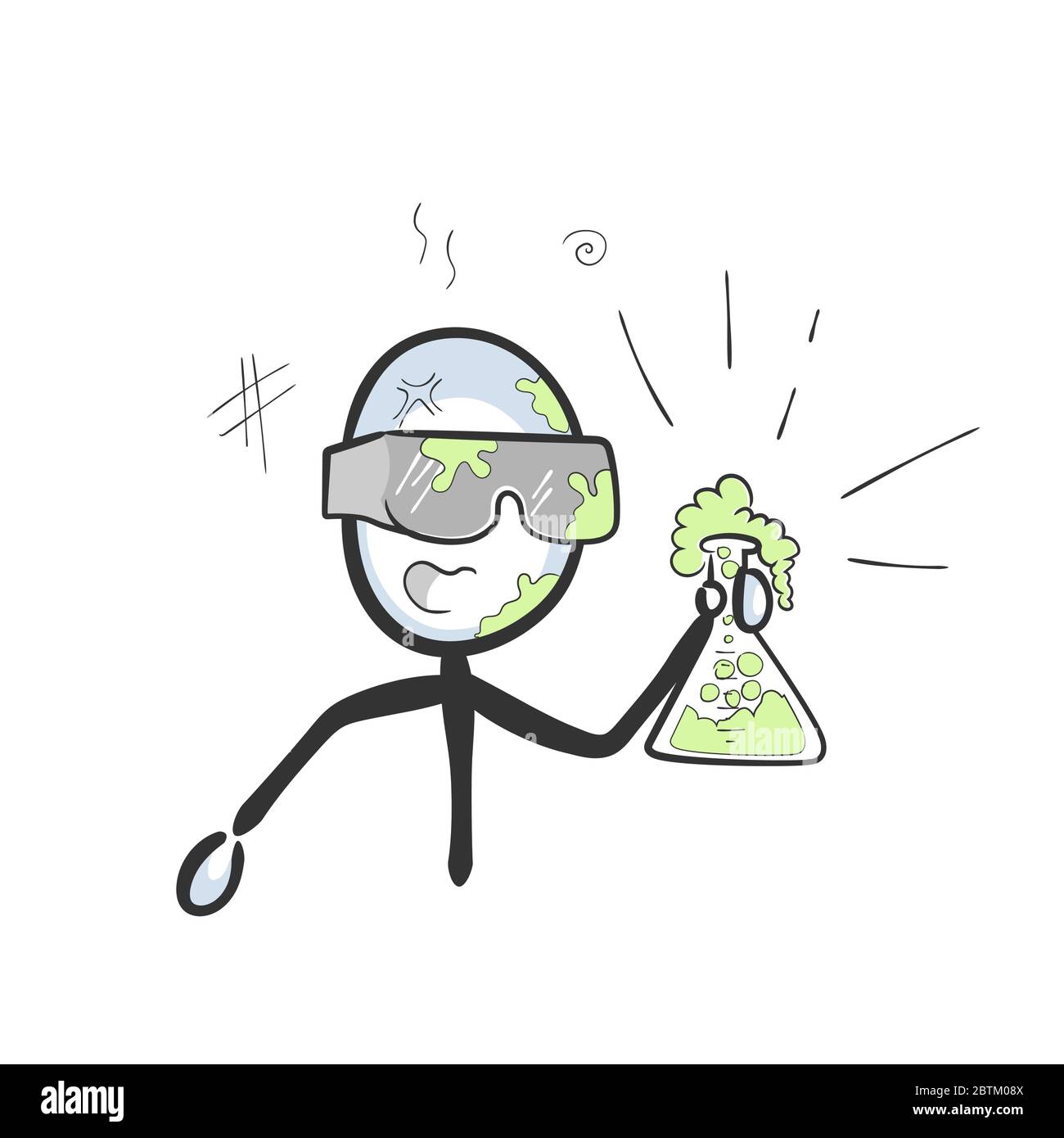 Das Laborexperiment ist schief gelaufen. Chemiker hält Kolben. Explosion der Lösung. Handgezeichnet. Stickman Cartoon. Doodle Skizze, Vektor Grafik Illustration Stock Vektor
