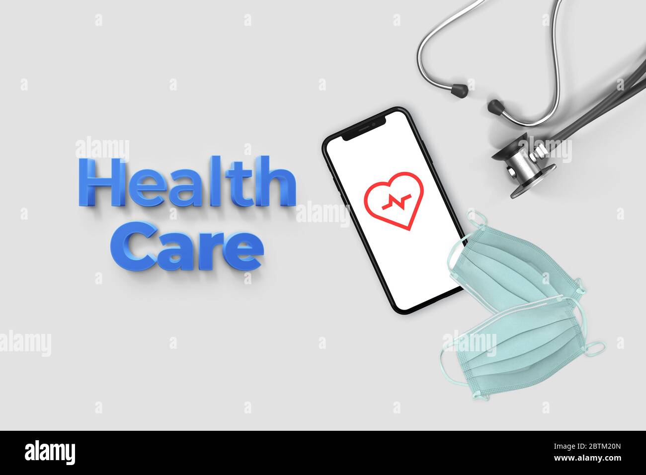 Gesundheitskonzept mit OP-Maske und Stethoskop auf dem isolierten weißen Hintergrund.Smartphone-Display rotes Herz. Stockfoto