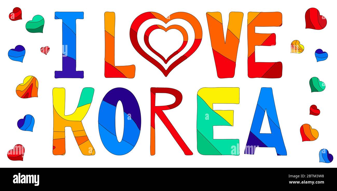 Ich liebe Korea - bunte lustige Cartoon-Inschrift und Herzen. Kinderstil. Korea ist eine Region in Ostasien. Für Banner, Poster und Drucke. Stock Vektor