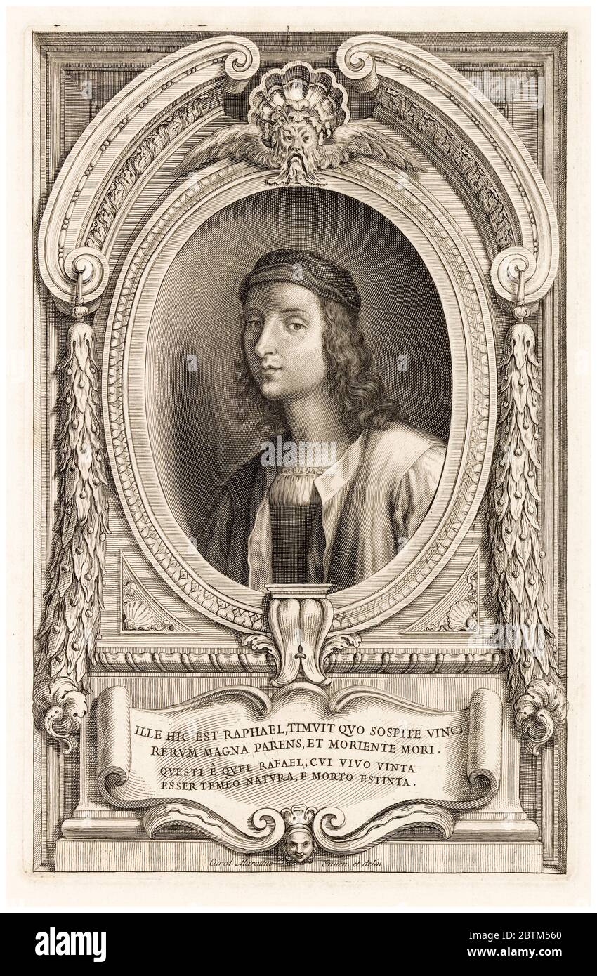 Raphael, Raffaello Sanzio da Urbino (1483-1520), italienischer Maler und Architekt, Portraitstich von Jacob Frey nach Carlo Maratti, 1691-1752 Stockfoto