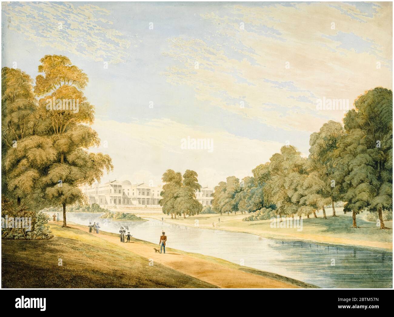 Buckingham Palace aus dem St. James's Park, Gemälde von James Wilcox, 1830 Stockfoto