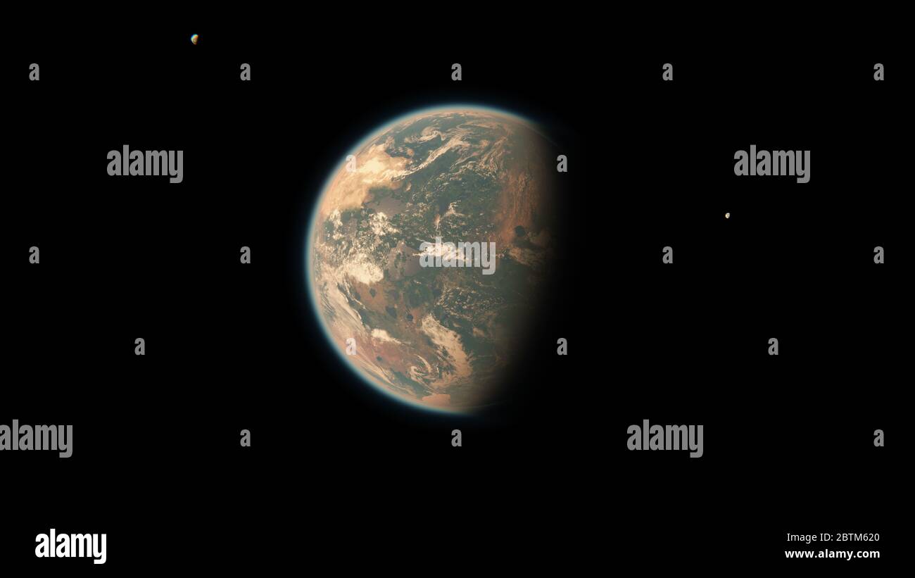 Bewohnbare Erde wie ein Planet mit großer Landmasse und zwei Monden im Weltraum - lebbarer Exoplanet mit Doppelmonden, die das Rote Zwergsystem umkreisen Stockfoto