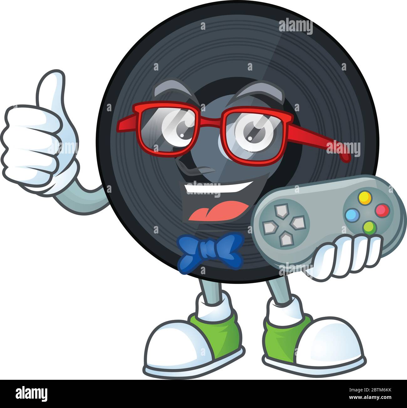 Cartoon Maskottchen Design von Musik viynl Disc spielen ein Spiel mit Controller Stock Vektor