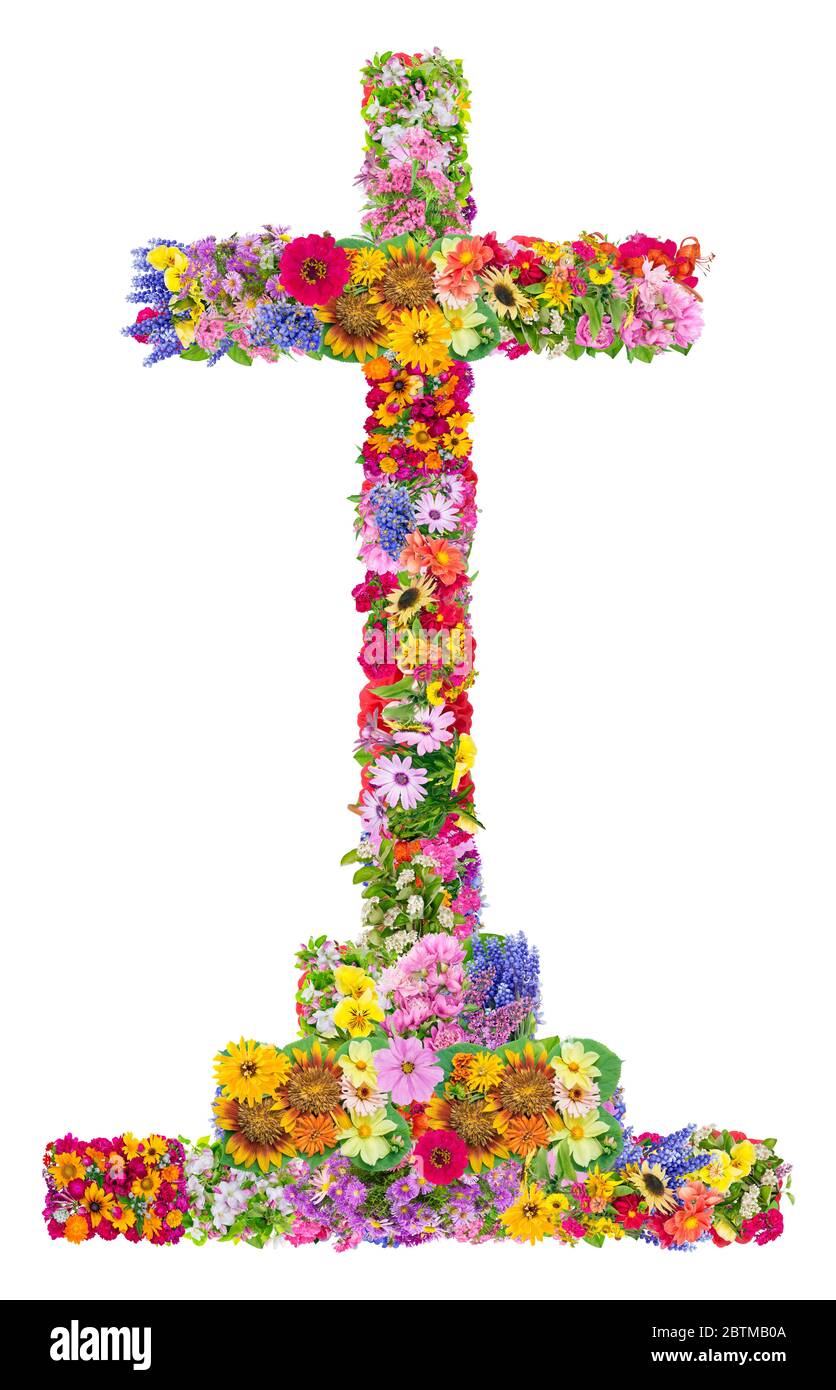 Ein Kreuz, das auf einer Basis mit drei Stufen ruht, auch ein gestuftes oder ein Kalvarienkreuz genannt. Isolierte handgefertigte Collage aus Sommerblumen Stockfoto