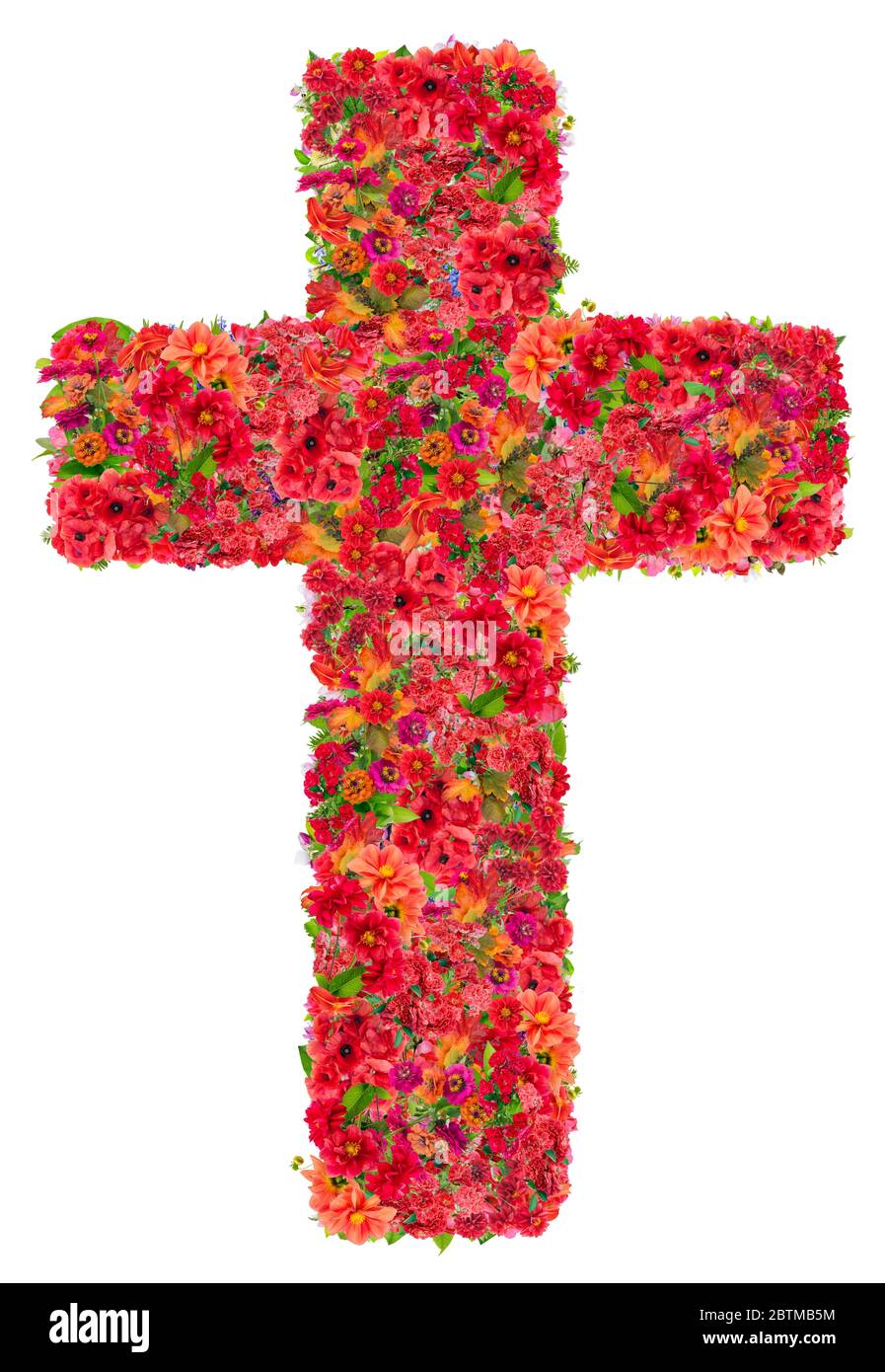 Blutiges Kreuz Jesu in meinem Herzen rettet die Welt vor Krankheiten. Handgefertigte Collage aus roten Sommerblumen. Isoliert auf weiß Stockfoto