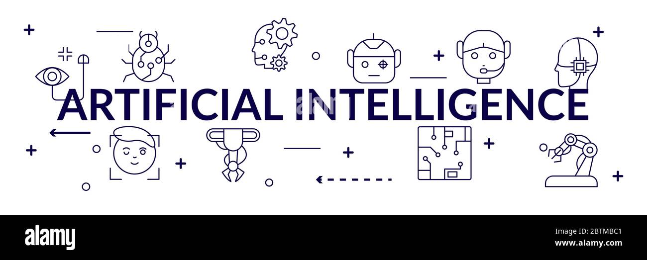 KI Künstliche Intelligenz Infografik Banner. Neuronale Netzwerk-Diagramm, Kybernetik, Problemlösung, futuristisch, Robotik-Maschine und Deep Learning. Stock Vektor