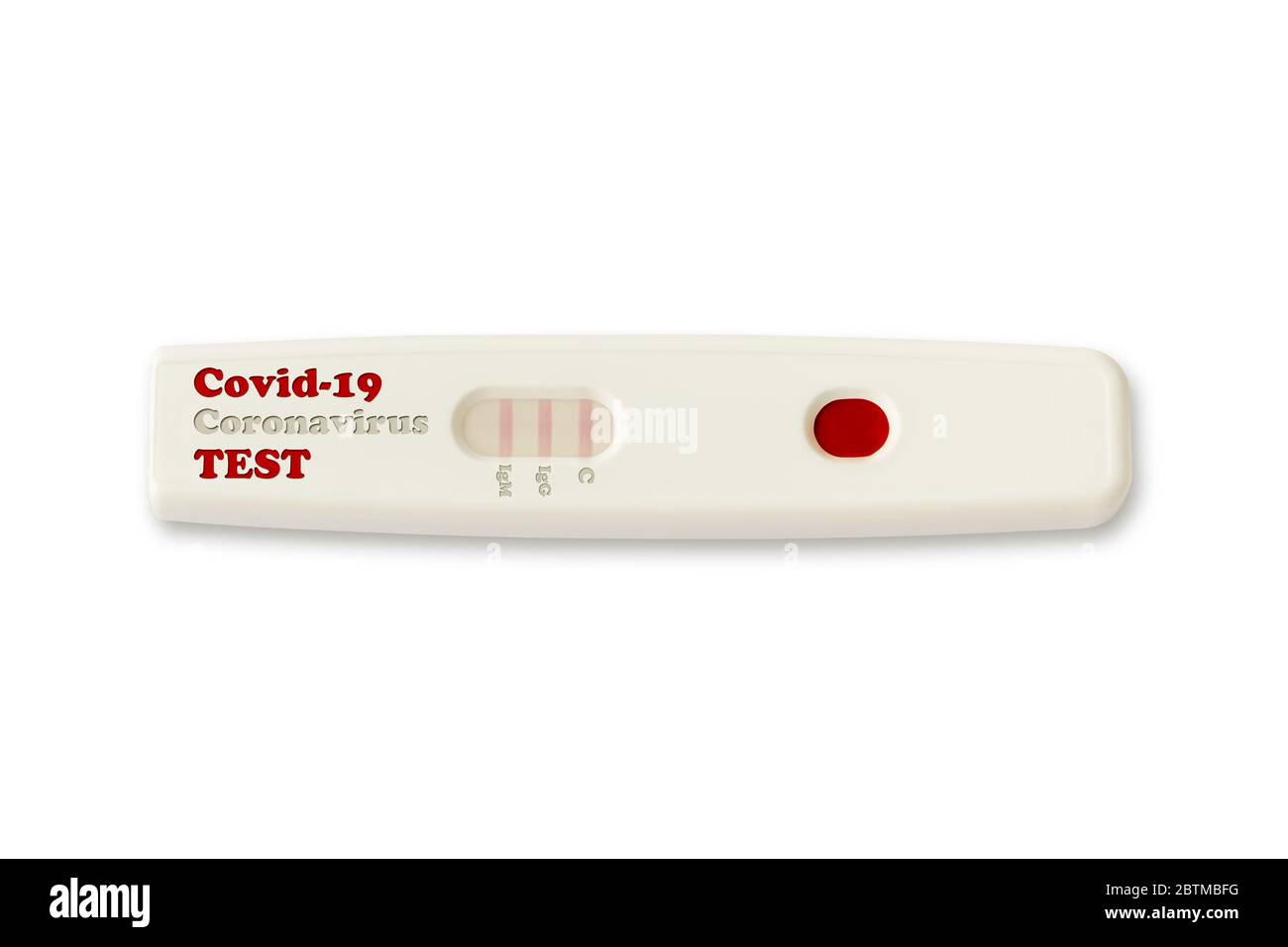 Covid-19 CORONAVIRUS Bluttest auf weißem Hintergrund mit Kopierraum isoliert. Konzept der Stop-Verbreitung CORONAVIRUS mit sozialer Distanz und Masse Stockfoto