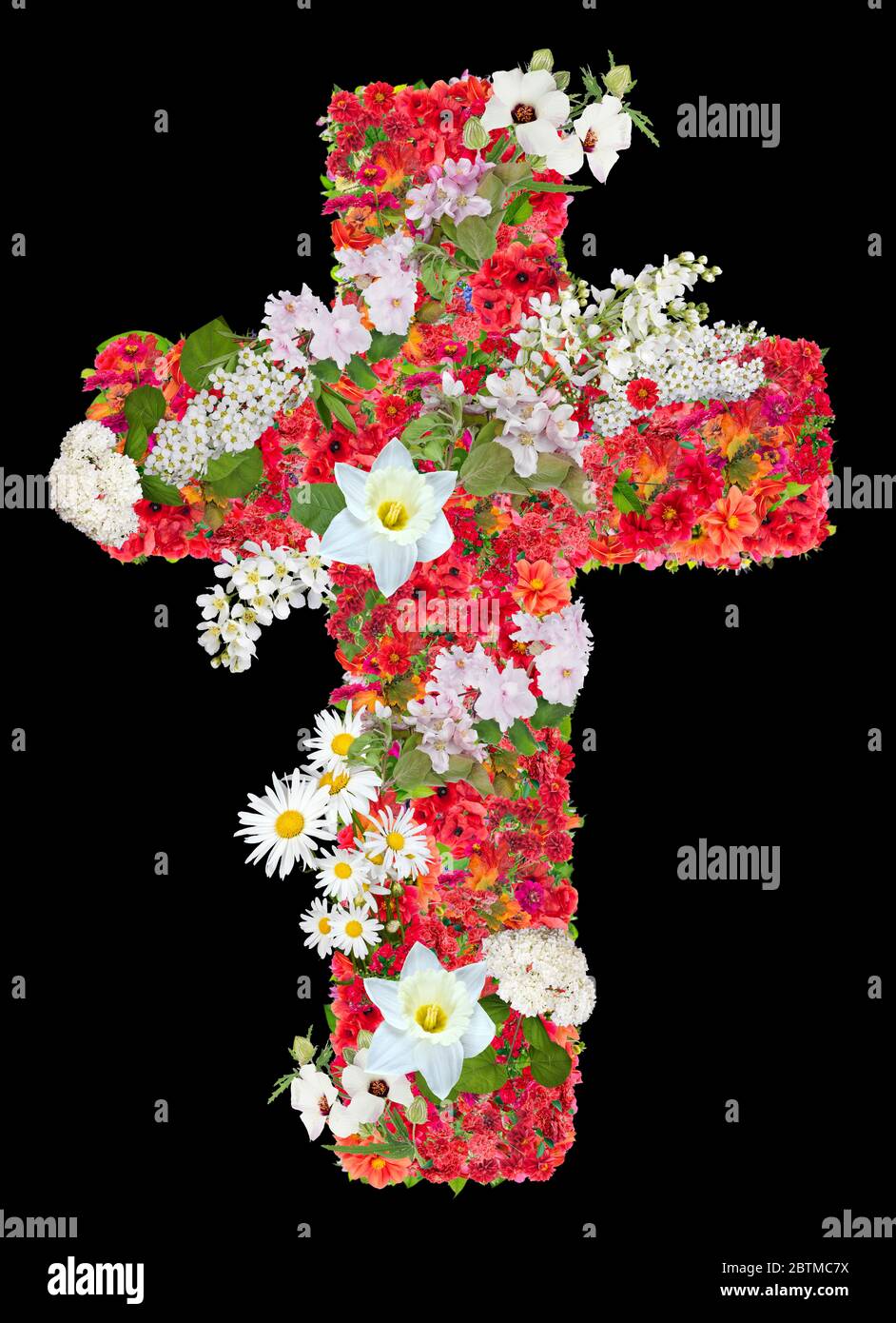 Trauer Jesus rotes Kreuz mit weißen Blumen. Isoliert auf schwarz handgefertigte Collage aus Blumen Stockfoto