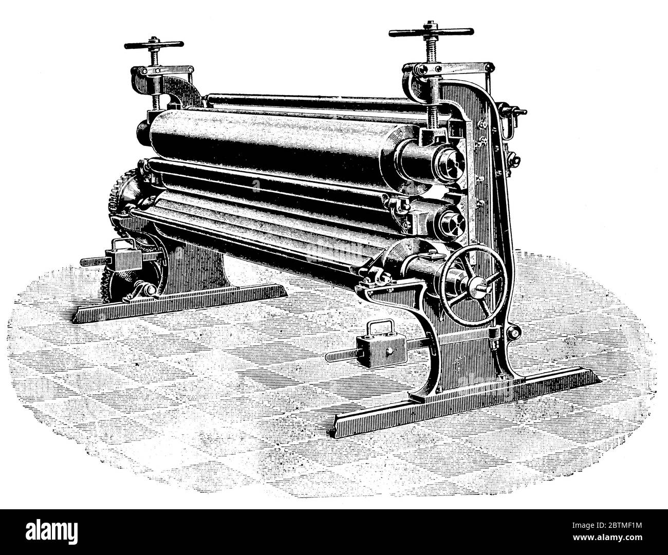 Ausrüstung für die Papierindustrie (Nass- und Trockenwalzen). Illustration des 19. Jahrhunderts. Weißer Hintergrund. Stockfoto