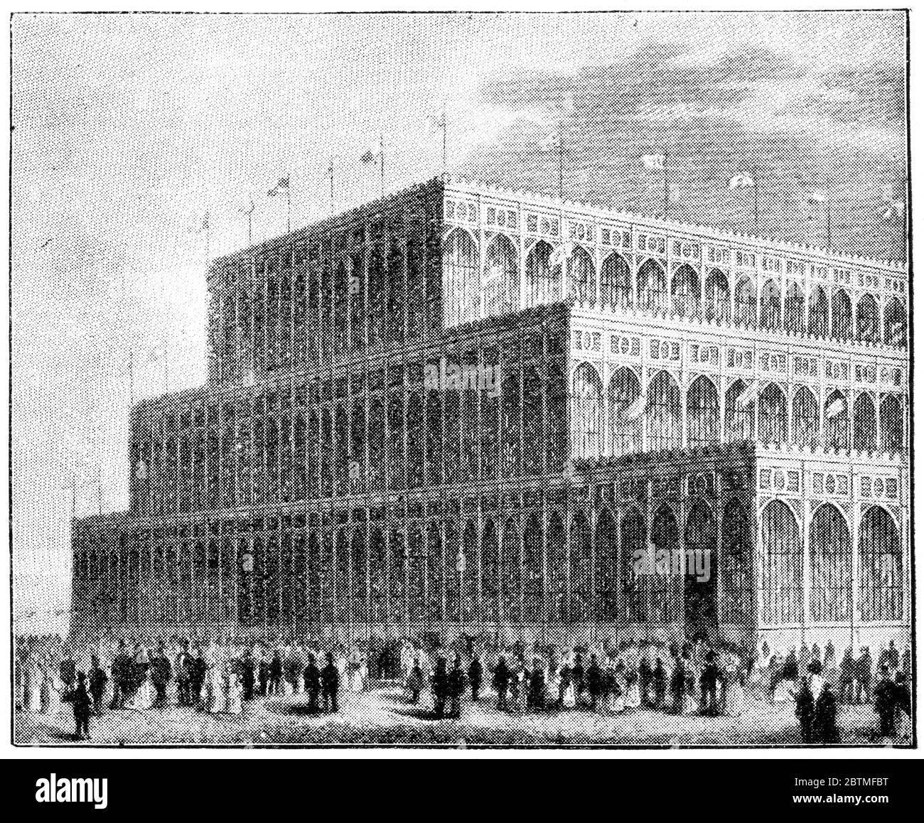 Der Crystal Palace (hinten) im Hyde Park für die große internationale Ausstellung von 1851, London. Illustration des 19. Jahrhunderts. Weißer Hintergrund. Stockfoto