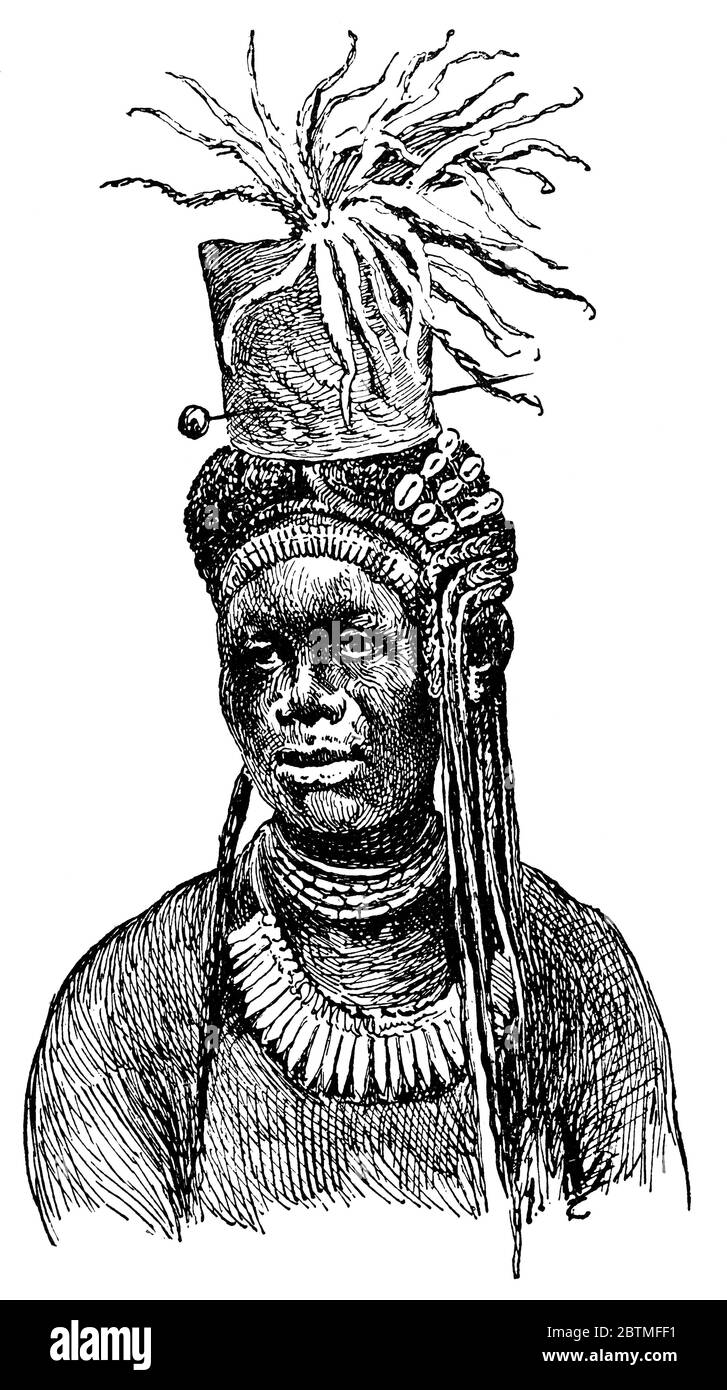 Porträt eine Frau einer ethnischen Gruppe von Nord-Zentralafrika - Azande (Niam-Niam). Illustration des 19. Jahrhunderts. Weißer Hintergrund. Stockfoto