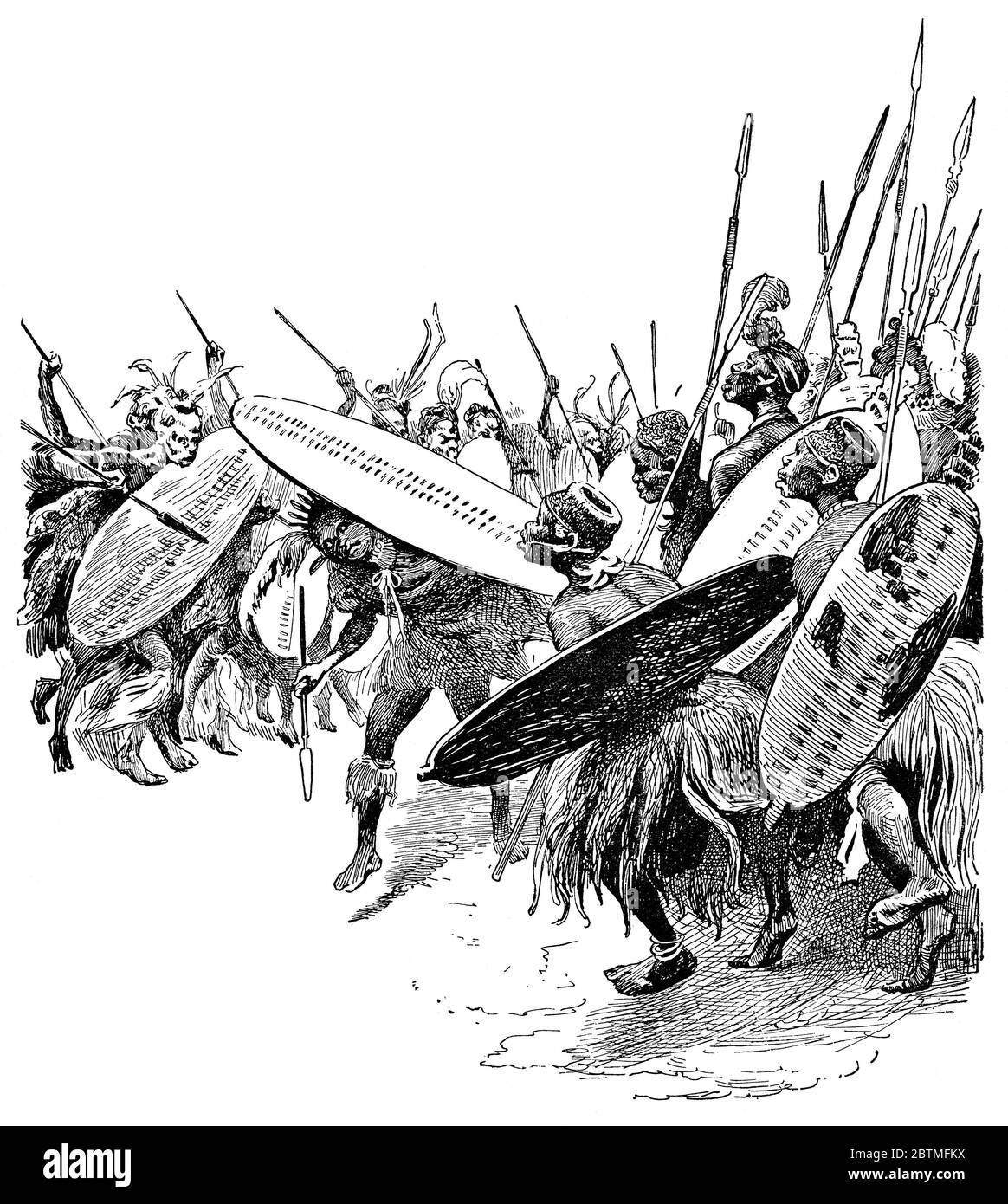 Zulu-Leute, die traditionellen Kriegertanz aufführen. Illustration des 19. Jahrhunderts. Weißer Hintergrund. Stockfoto