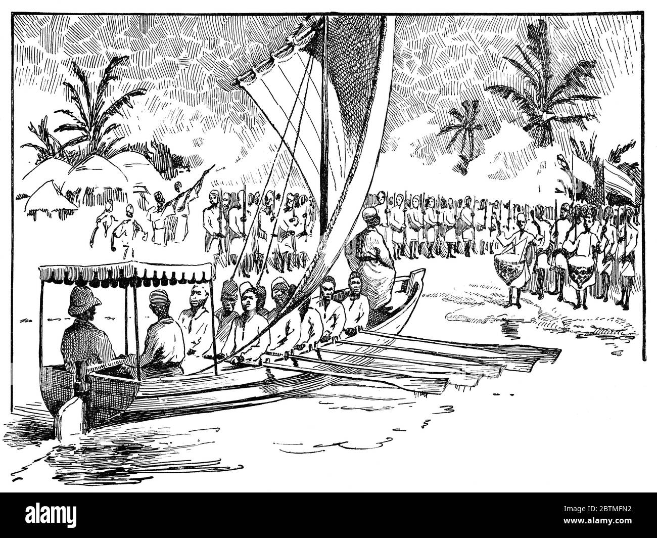 Feierliches Treffen von Henry Morton Stanley und Muteesa I. von Buganda. Illustration des 19. Jahrhunderts. Weißer Hintergrund. Stockfoto