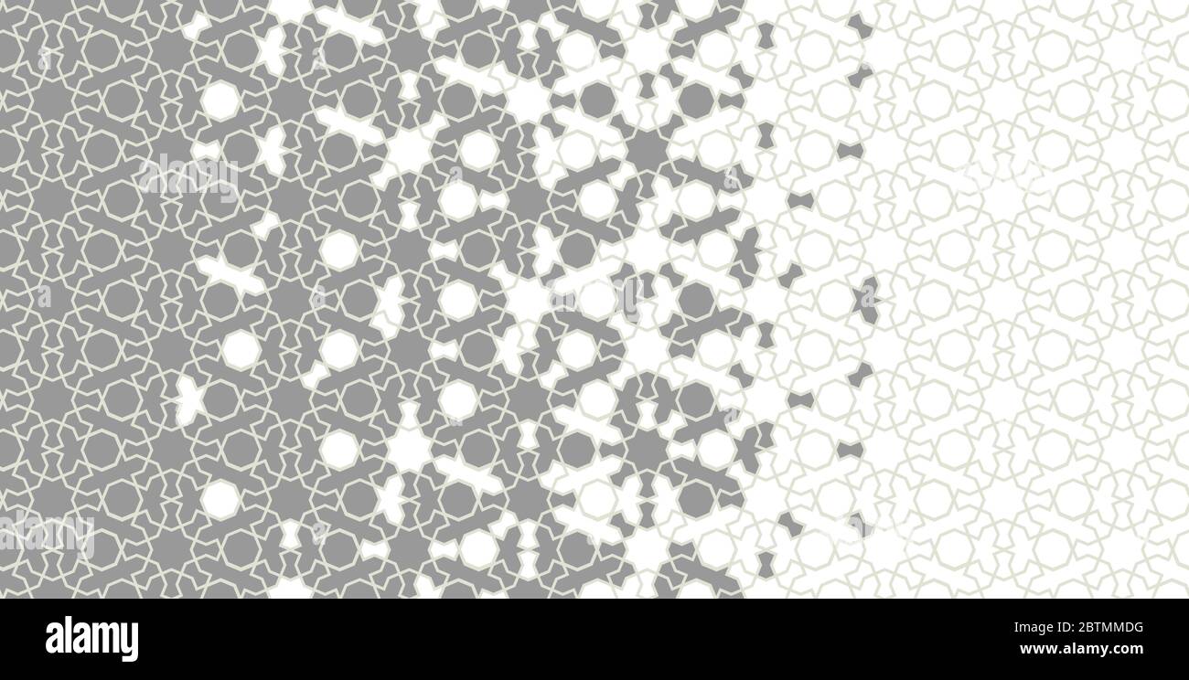 Marokkanisches, islamisch graues Muster. Kachel nahtlose Vektor-Muster. Geometrische Halbtonumrandung mit marokkanischem Mosaikzerfall Stock Vektor