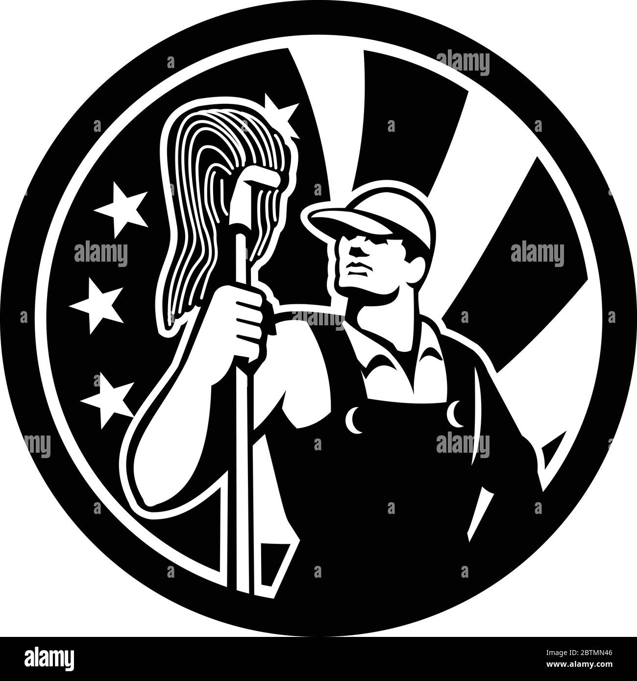 Symbol Retro Stil Abbildung eines Amerikanischen professionelle industrielle Reiniger oder Reinigung Arbeitnehmer Holding mit den Vereinigten Staaten von Amerika USA mop Stock Vektor