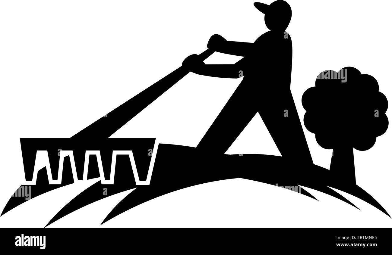 Illustration von männlichen Gärtner Landschaftsgärtner Gartenbaumeister Arbeit mit Rechen auf isolierten Hintergrund im Retro-Schwarz-Weiß-Stil getan. Stock Vektor