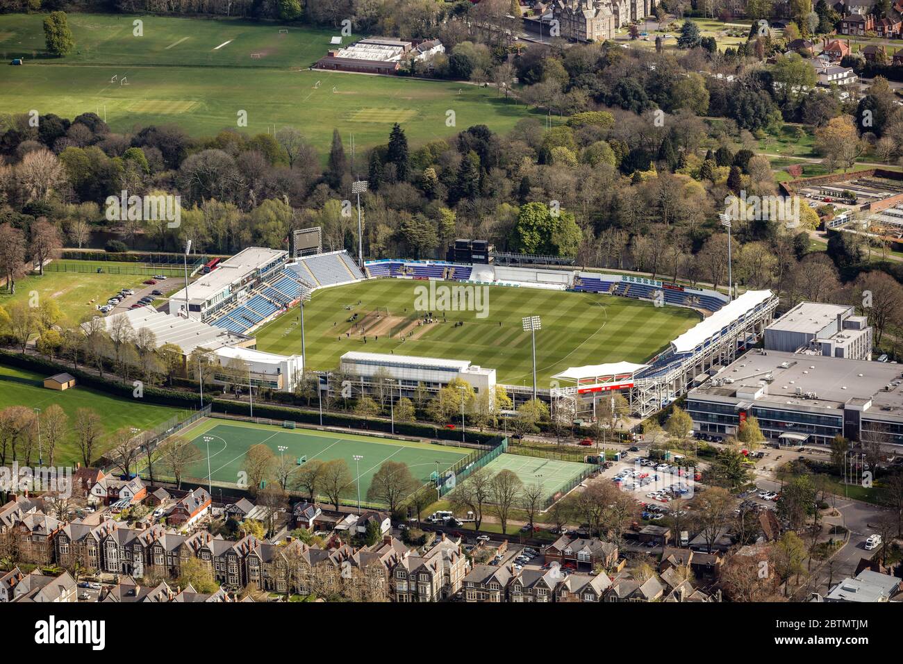 Luftaufnahme des Sophia Gardens Cricket Ground in Cardiff, Wales Stockfoto