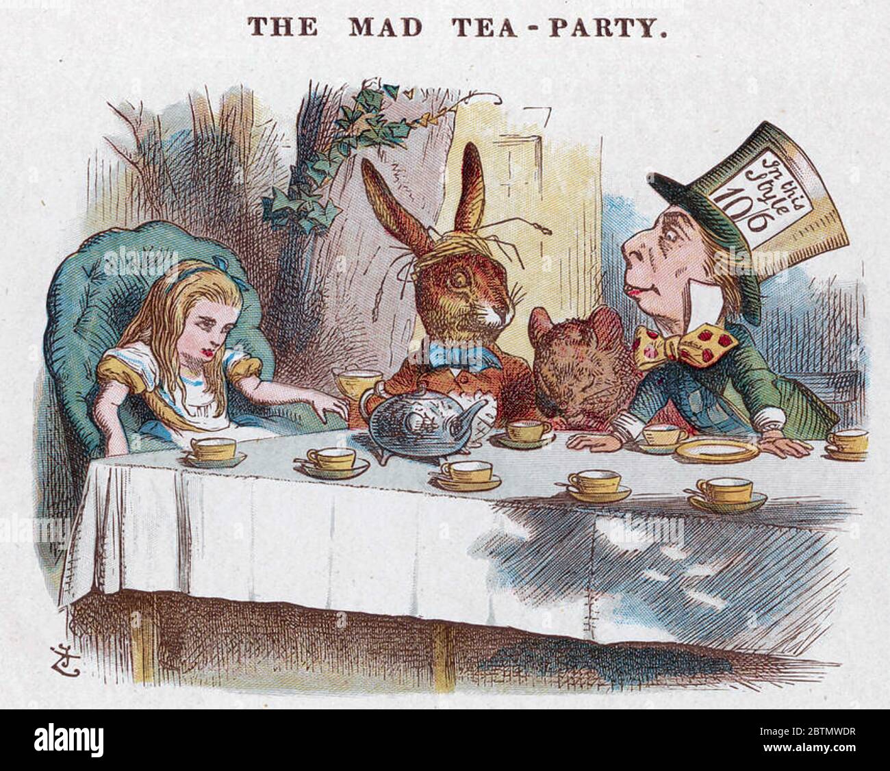 ALICE'S ADVENTURES IN WONDERLAND von Charles Dodgson 1865. Illustration der Mad Tea Party von John Tenniel Stockfoto