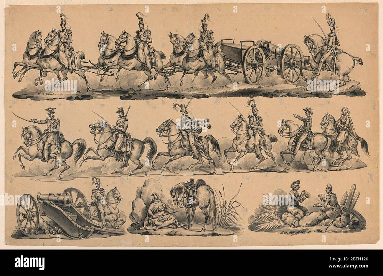 Militärische Vignetten. Forschung in ProgressArtilleriesoldaten Zeichnung Kanon; eine arabische Figur ruht; Soldaten in Ruhe; Kartenspiel. Vignetten in drei Bereichen. Stockfoto