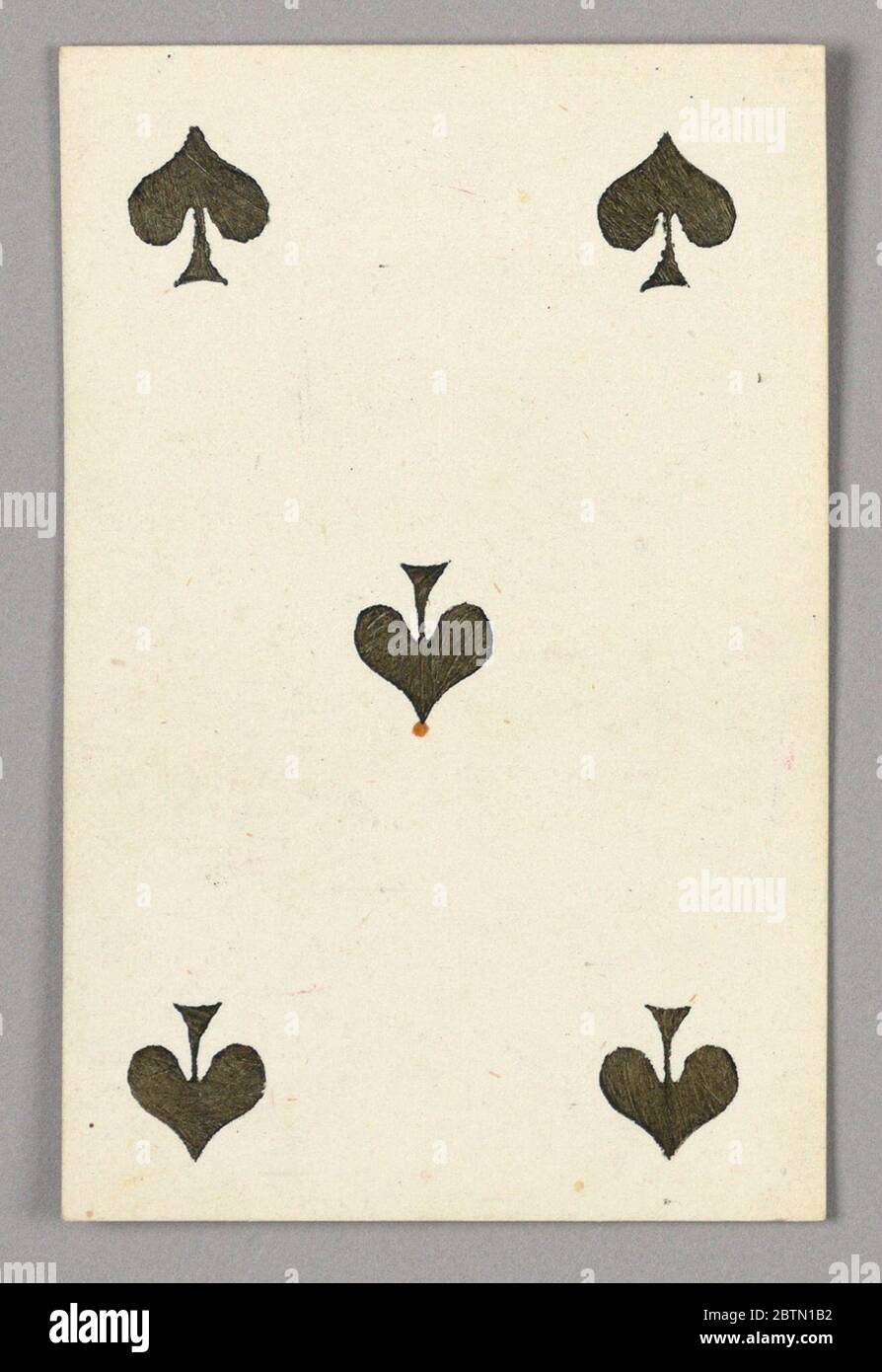 Fünf Pik-Karten aus dem Set von Jeu ImperialZweiter Kaiserreich Napoleon III Spielkarten. Forschung in ProgressPik-Satz aus dem Set der Spielkarten 'Jeu Imperial–Second Empire–Napoleon III'. Stockfoto