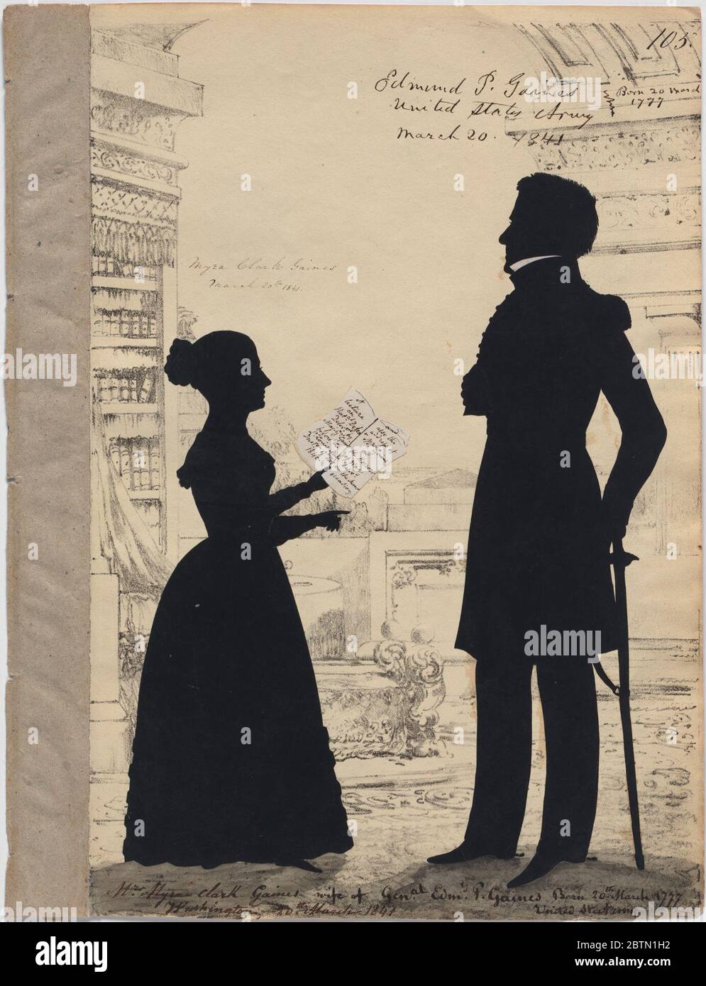 Myra Gaines und Edmund Gaines. In diesem Doppelporträt hält Myra Clark Gaines ein Blatt, das auf ihren Vortrag „über den Schrecken des Krieges“ von 1840 und den ihres Mannes über „Nationale Verteidigung durch Dampfkraft“ verweist. Die Gaineses unternahmen eine Multicity Tour, um ihre Ideen zu fördern. Stockfoto