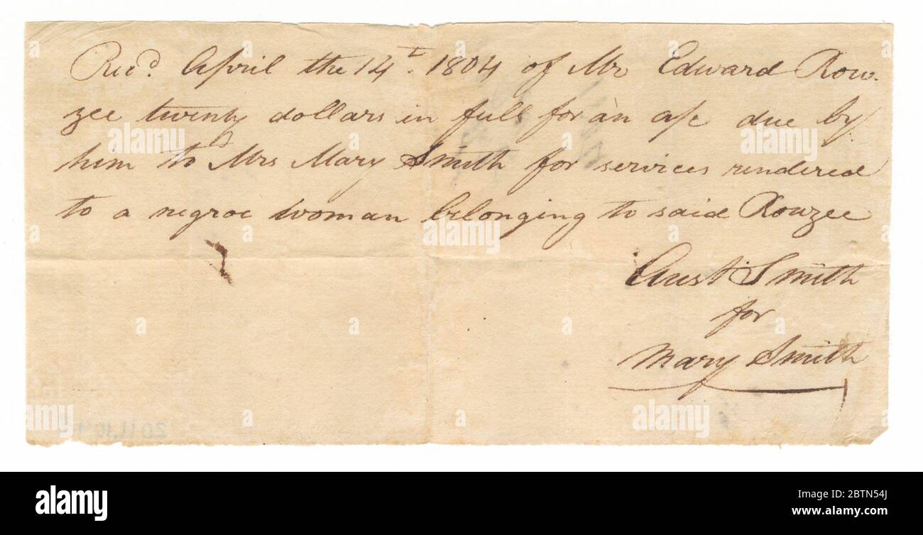 Zahlungsbeleg für die Anstellung einer von Edward Rouzee versklavten und im Besitz befindlichen Frau. Dieses Dokument stammt aus einer Sammlung von Finanzpapieren, die sich auf die Plantagenoperationen mehrerer Generationen der Familie Rouzee in Essex County, Virginia beziehen. Die Papiere stammen aus den 1790er Jahren bis 1860.EINE Zahlungsquittung für Herrn Edward Rouzee von Frau Stockfoto
