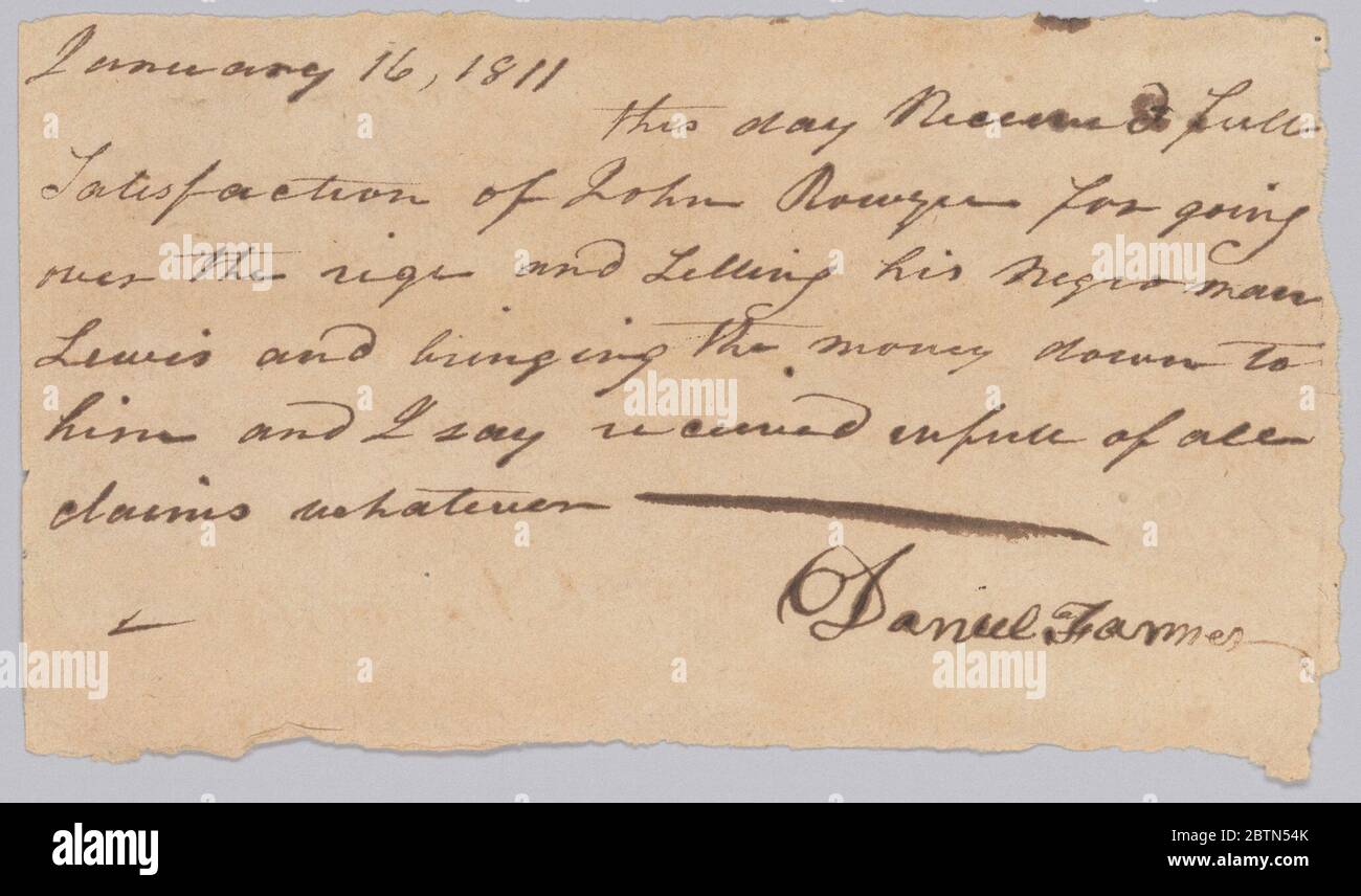 Zahlungsbeleg für die Einstellung eines versklavten Mannes namens Lewis. Dieses Dokument stammt aus einer Sammlung von Finanzpapieren, die sich auf die Plantagenoperationen mehrerer Generationen der Familie Rouzee in Essex County, Virginia beziehen. Stockfoto