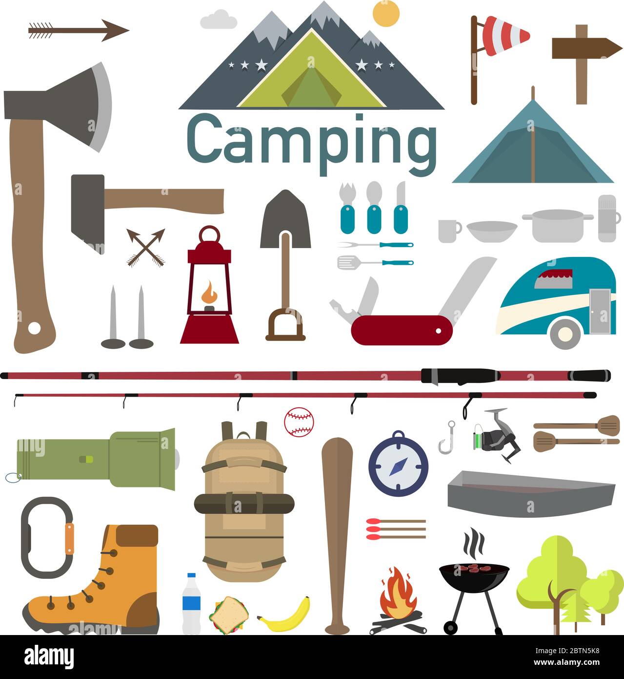 Satz von Zelten oder Wandern, Konzept und Symbolen. Vector Illustration Stock Vektor