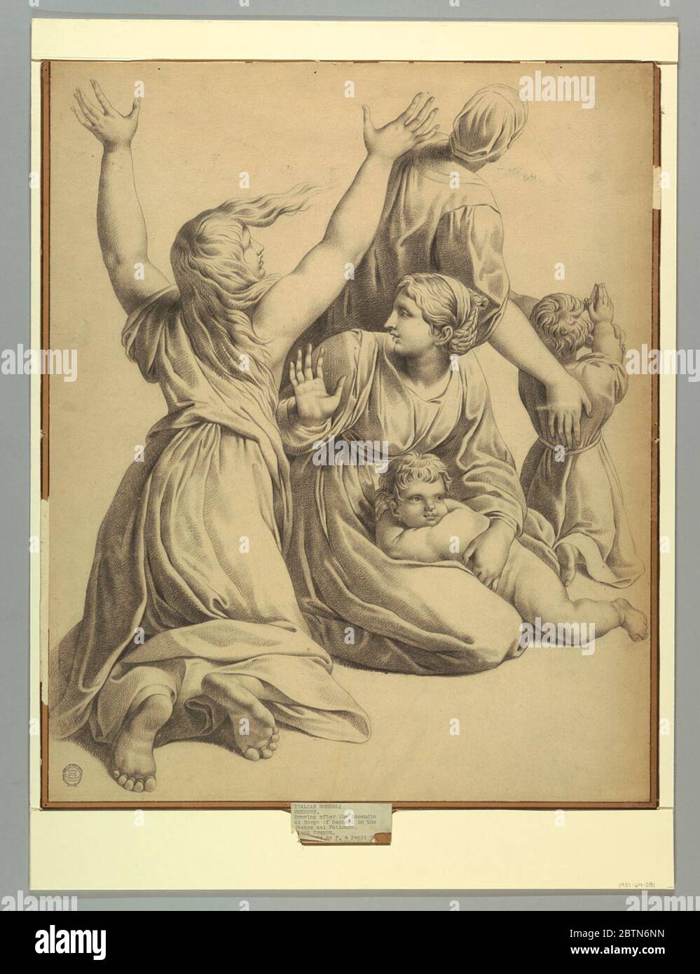 Gruppe von Figuren aus Raphaels Incentive del Borgo. Forschung im ProgressDie zentrale Gruppe im Vordergrund von Raphaels Incentive del Borgo. Eine knieende Frau und eine Frau, die mit einem Kind sitzt. Eine andere Frau mit einem Kind, anbetende. Stockfoto