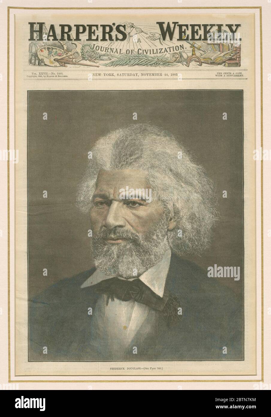 Harpers Weekly Journal of Civilization Vol XXVII No 1405. Die Titelseite von Harper's Weekly: Journal of Civilization, Vol. XXVII, No. 1405. Es hat ein ganzseitiges Porträt von Frederick Douglass. Douglass trägt einen Anzug im Porträt. Unter dem Bild ist 'FREDERICK DOUGLASS - [siehe Seite 743].' Stockfoto
