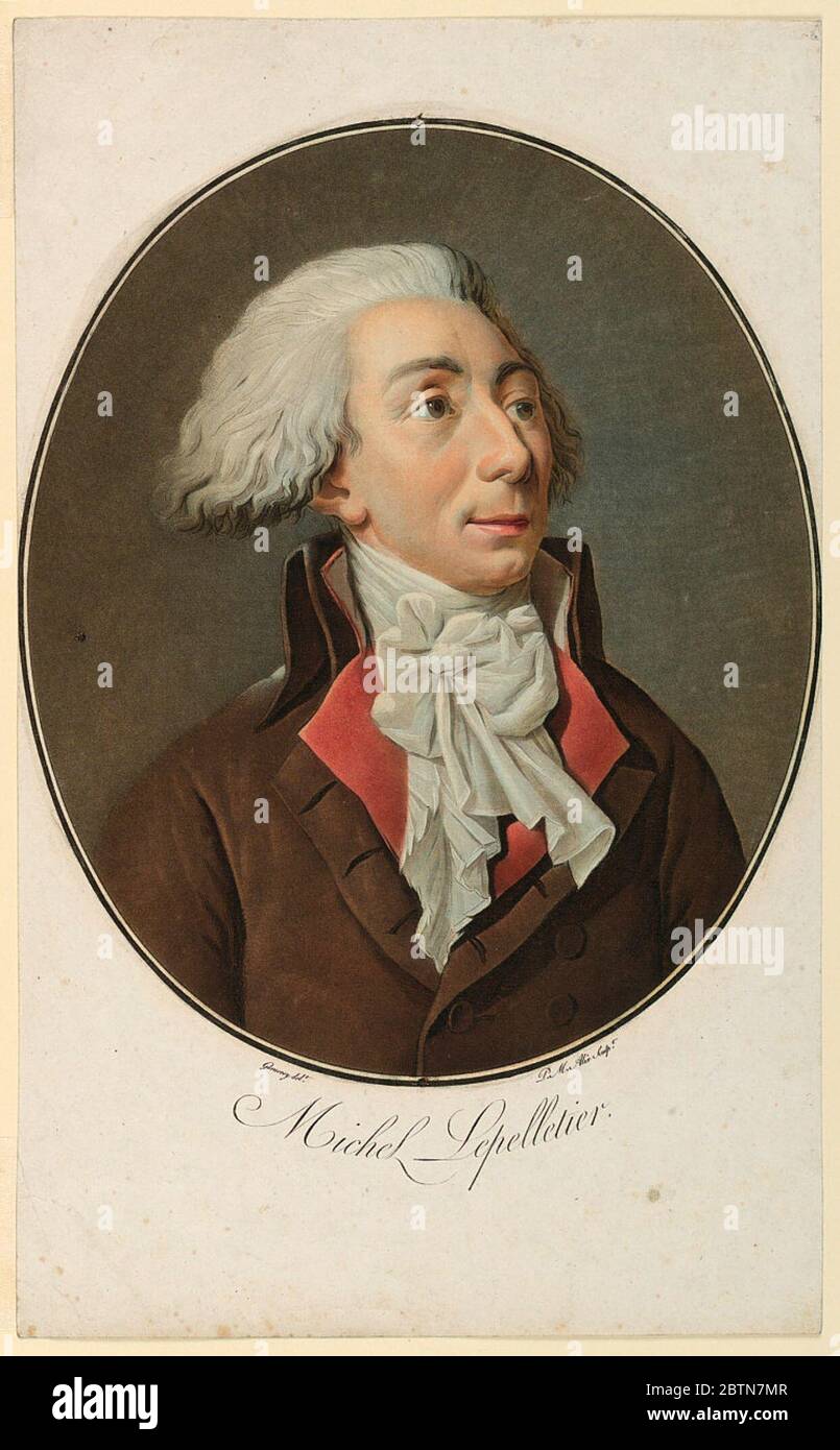 Porträt von Louis Michel Le peletier de SaintFargeau. Fortschreiten der Fortschreibung in einem ovalen Rahmen ist das leicht nach rechts gedrehte Büstenporträt der revolutionären Figur Louis Michel Le peletier de Saint-Fargeau (1760-1793) zu sehen. Stockfoto