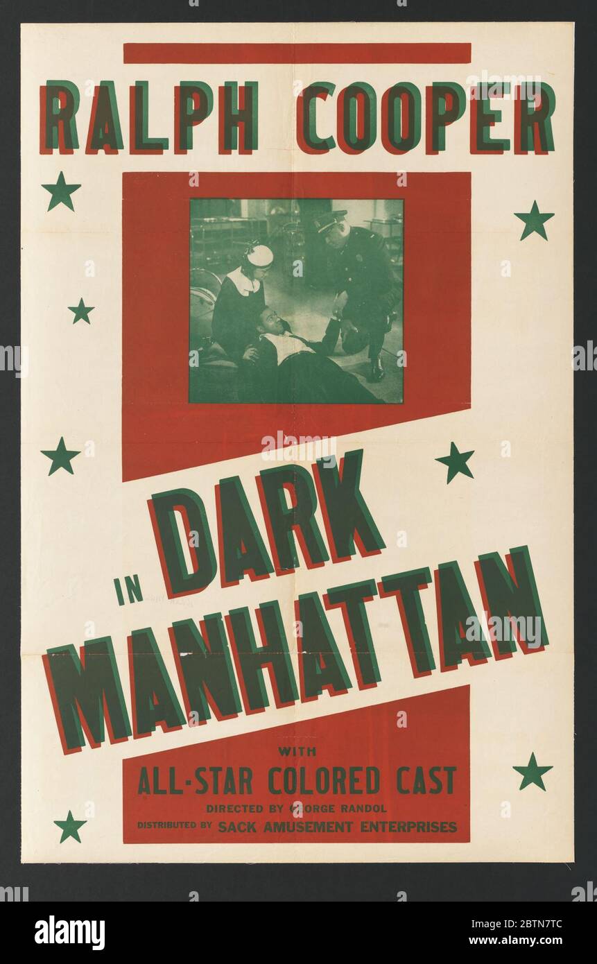 Poster für Dark Manhattan. Dieses Filmplakat hat ein kleines Standbild des Films in der oberen Hälfte und den Titel in großen Buchstaben im unteren Abschnitt angezeigt. Am oberen Rand steht Text in schwarzen Buchstaben mit der Beschriftung [RALPH COOPER]. Stockfoto