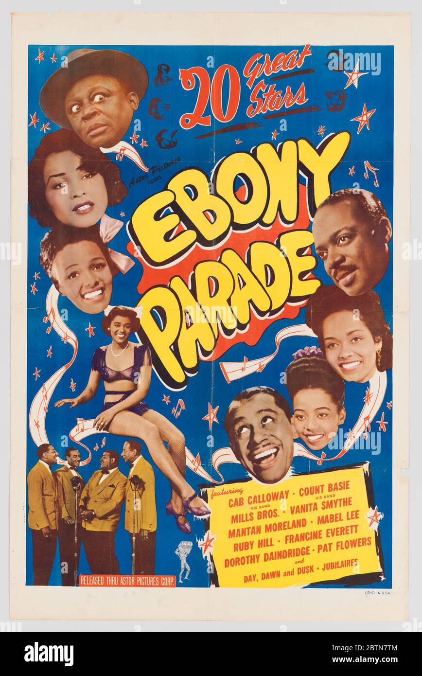 Poster für die Ebenholzparade. Ebony Parade wurde 1947 veröffentlicht und war eine Serie von kurzen Skizzen und Nummern, die ursprünglich als musikalische Shorts von der Soundies Distributed Corporation of America vertrieben wurden.EIN großes Plakat für den Film Ebony Parade mit blauem Hintergrund und einem weißen Rand. Stockfoto