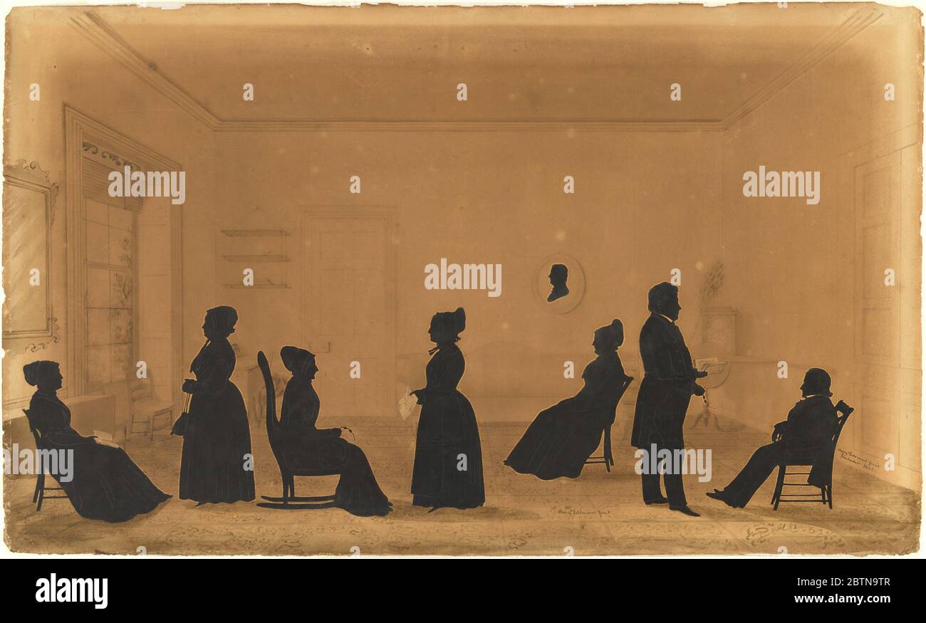 RobesonLea Familie. Bei der Herstellung von Silhouetten würde Auguste Edouart „in seinem Geist über die Punkte, die sich herausstellen, und die, die sich zurückziehen, beraten.“ Und weil seine Hand so stabil wie möglich sein musste, vermied er starken Kaffee, Tee und „Geister oder andere Erregungen“. Für Mitglieder des Stockfoto