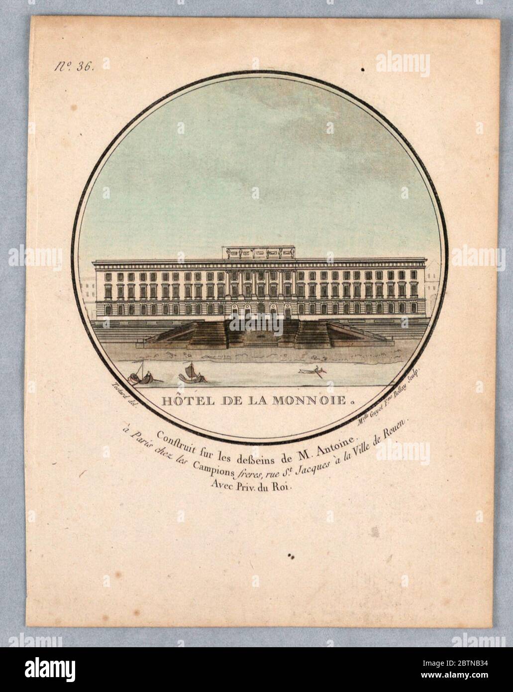 Htel de la Monnaie Tafel 36 von Vues Pittoresques de principaux difices de Paris. Forschung in ProgressBlick auf das Hotel de la Monnaie von der anderen Seite des Flusses; drei kleine Boote auf dem Wasser. Titel, Künstler- und Verlegernamen (und Architektennamen) unten. Stockfoto