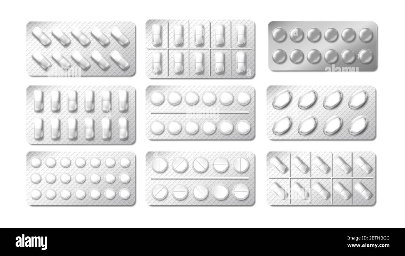 Realistische 3d-Medikamente Blisterverpackung. Medizin Schmerzmittel Pillen Pack. Illustration von chemischen Tablette Vitamin oder Schmerzmittel in Blister isoliert auf Stock Vektor