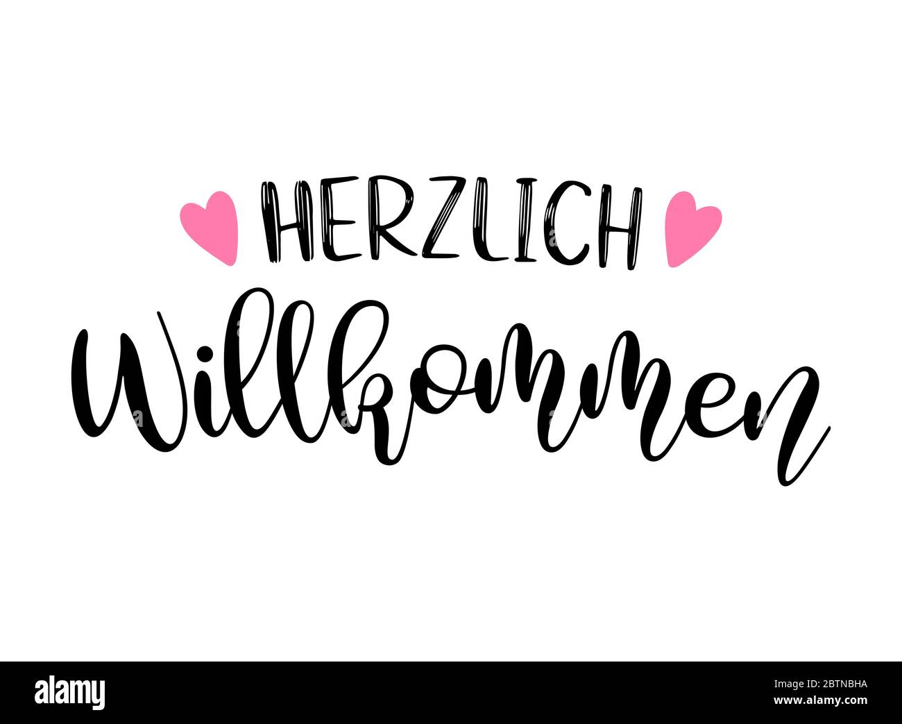 Handskizziertes Herzlich Wilkommen Zitat in Deutsch. Übersetzte Begrüßung. Schriftzug für Poster, Flyer, Header, Karte, Werbung, Ankündigung. Stock Vektor